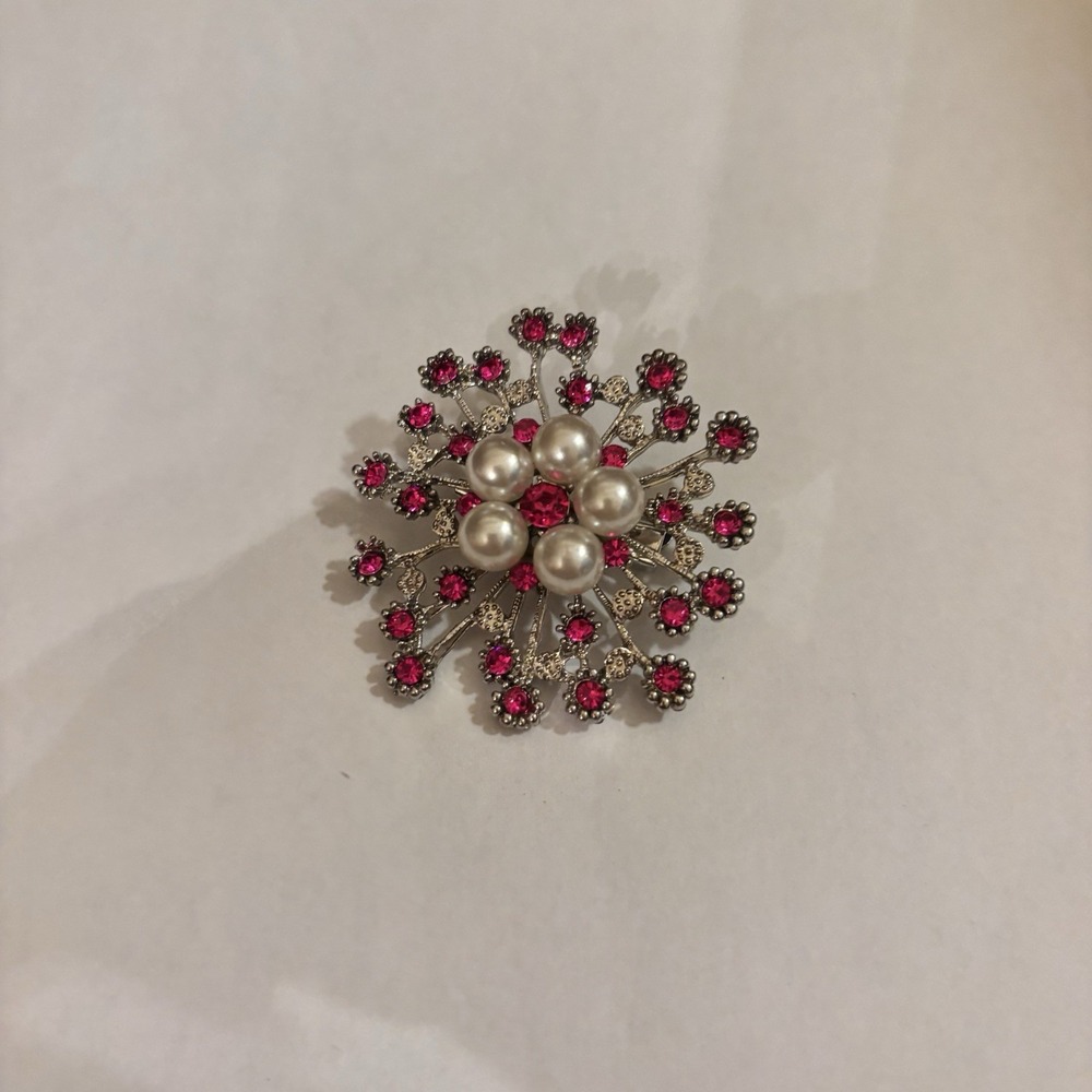 Vintage Silver Tone Faux Pearl Pink Rhinestone Starburst Snowflake Brooch Pin